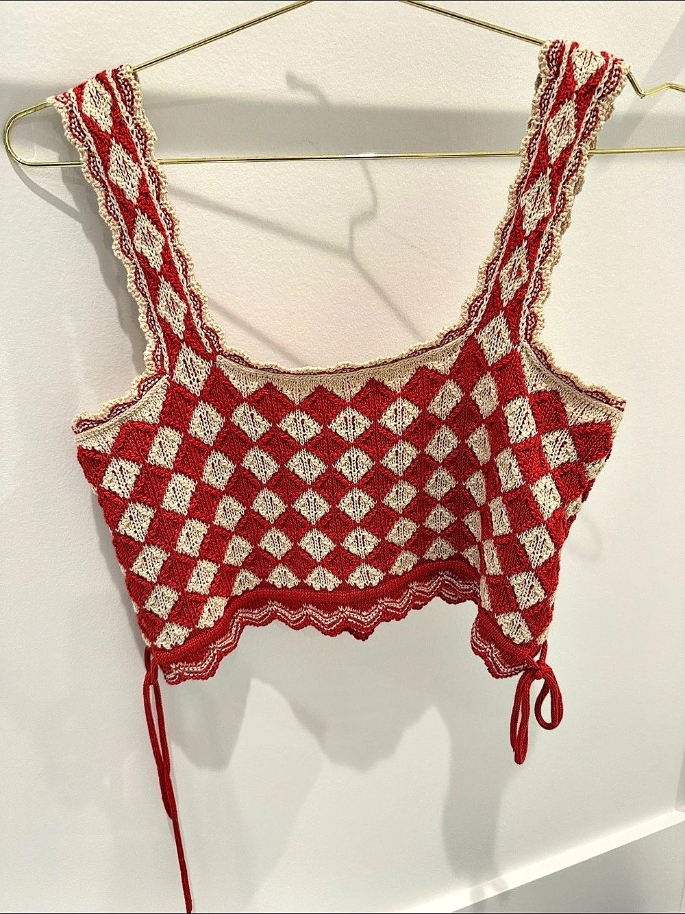 Checkered Crochet Crop Top in Red & Cream Like New